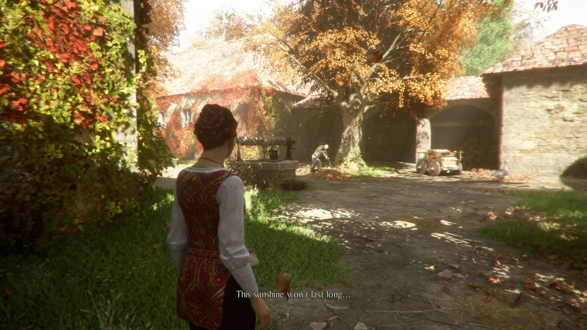A Plague Tale: Innocence (Windows) screenshot: Amicia observes the workers in the castle.