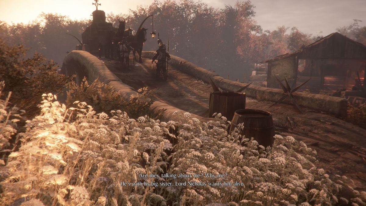 A Plague Tale: Innocence (Windows) screenshot: Hiding in the vegetation to sneak past the guards.