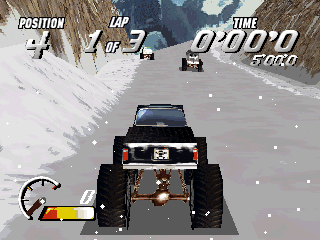 Thunder Truck Rally (DOS) screenshot: In-game, snowy scenario
