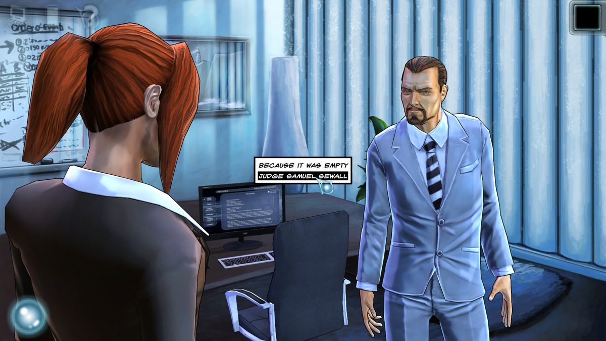 Cognition: An Erica Reed Thriller - Episode 2: The Wise Monkey (Windows) screenshot: Talking to your new boss, McAdams, about the case involving your old boss, Davies.