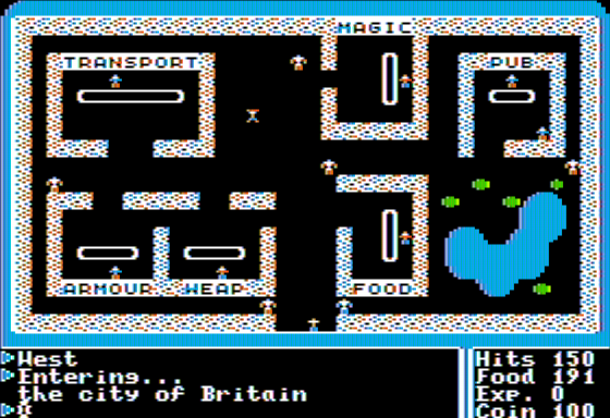 Ultima Trilogy: I ♦ II ♦ III (Apple II) screenshot: Ultima I -Exploring a Town