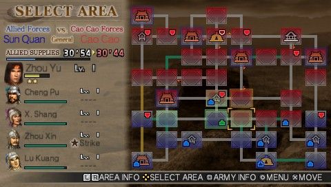 Dynasty Warriors Vol.2 (PSP) screenshot: The player can only move to an adjacent battlefield
