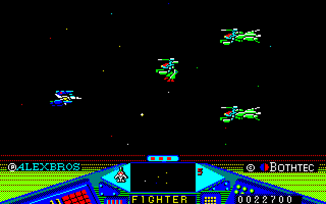 Macross (PC-88) screenshot: Radar at the bottom of the screen shows incoming enemies, as well as your own fired shots