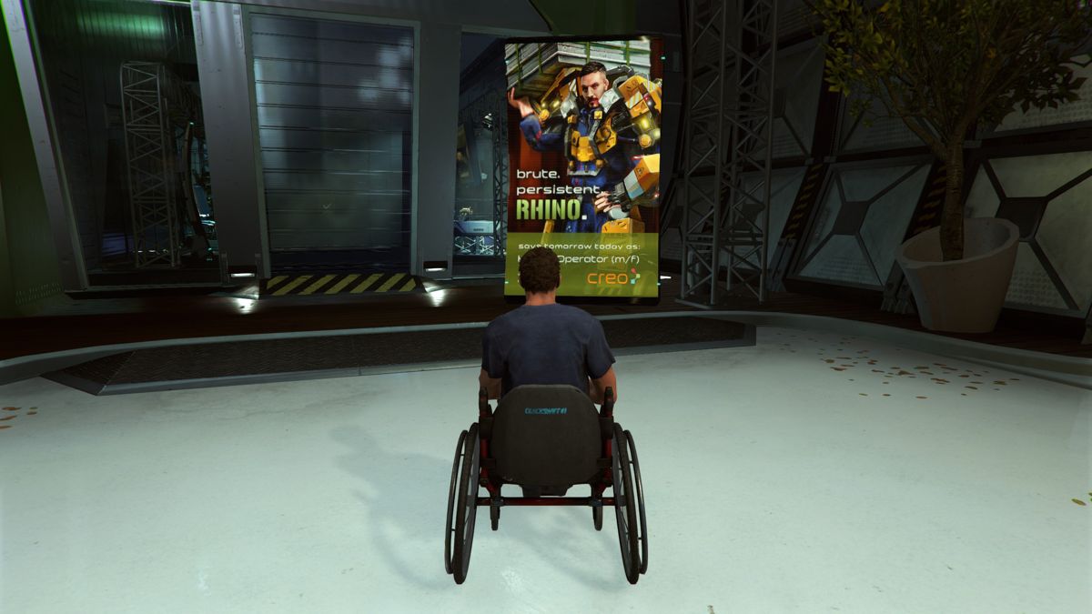 The Surge (Windows) screenshot: So the game is still playing through the introduction and character setup. We can either play with the Rhino augmentation or the Lynx Field Technician