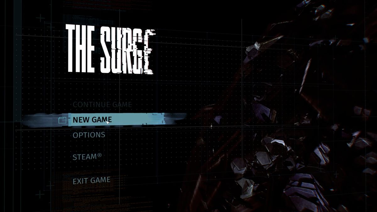 The Surge (Windows) screenshot: The main menu.<br>This screen, without the menu options, is also used as the title screen <br>The dark shapeless thing on the right is animated