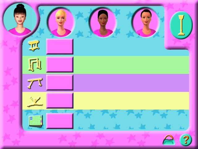 Barbie: Team Gymnastics (Windows) screenshot: The Team Roster<br>Barbie is the selected gymnast so only her column shows. Kira, upper left, provides voiceover assistance to the controls