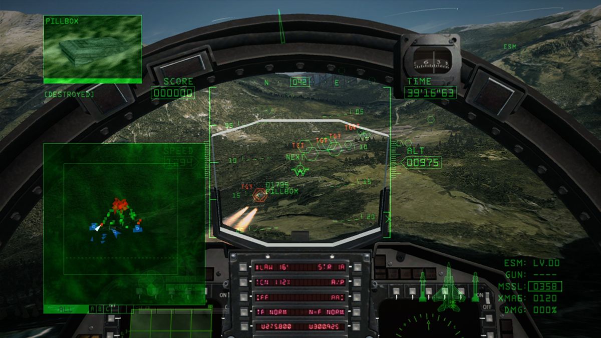 Ace Combat 6: Fires of Liberation (Xbox 360) screenshot: F-15 in cockpit view, firing two missiles at the pillbox.