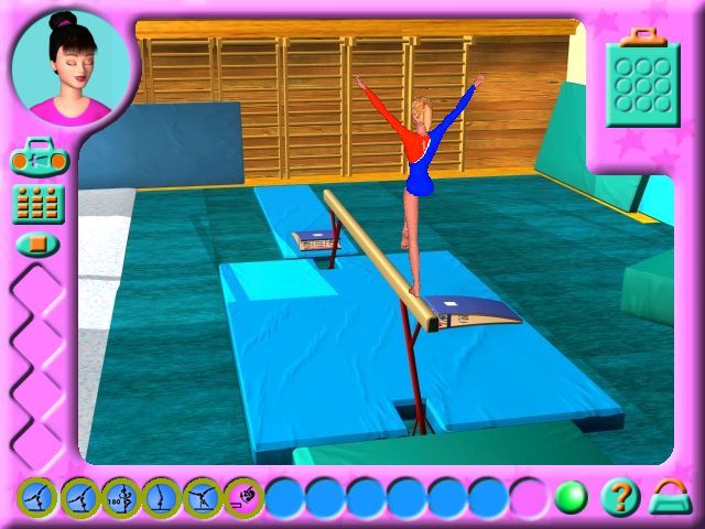 Barbie: Team Gymnastics (Windows) screenshot: Once Barbie starts a routine Kra commentates on what she's doing or what needs to be done next and the icons at the bottom of the screen reduce as the routine progresses