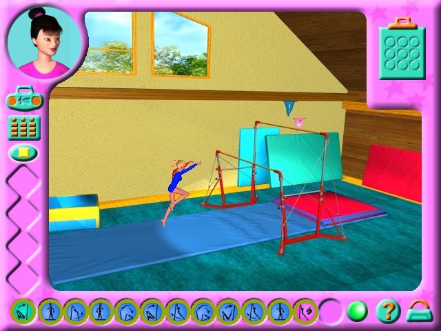 Barbie: Team Gymnastics (Windows) screenshot: The uneven bars are another long, complex excercise. Kira provides a commentary and the icons for each component of the routine march across the bottom of the screen as it progresses