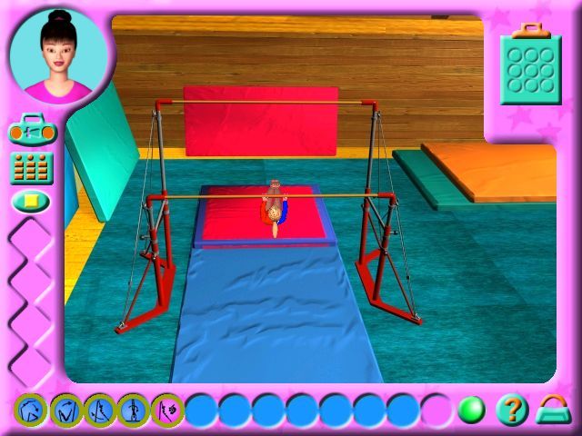 Barbie: Team Gymnastics (Windows) screenshot: The uneven bars routine. As with the other excercises the camera angle changes automatically with the current move being performed