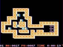 Soko-Ban (TRS-80 CoCo) screenshot: Pushing blocks on level one