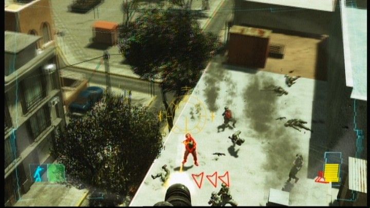 Tom Clancy's Ghost Recon: Advanced Warfighter (Xbox 360) screenshot: When using mounted machine-gun on a helicopter, you have to pay attention to over-heating.
