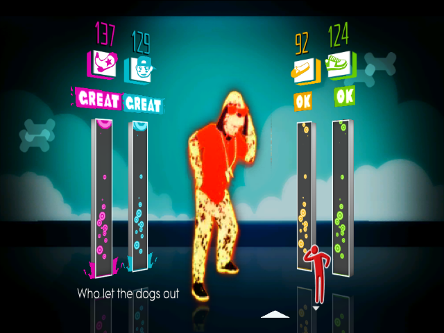 Just Dance (Wii) screenshot: <i>Who Let The Dogs Out</i> gameplay
