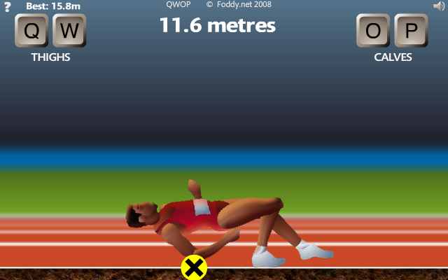 QWOP (Browser) screenshot: A little X appears where the body part hit the ground after he falls.