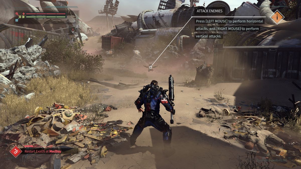 The Surge (Windows) screenshot: This is still part of the tutorial and the game gives advice on using health boosts, target acquisition and combat