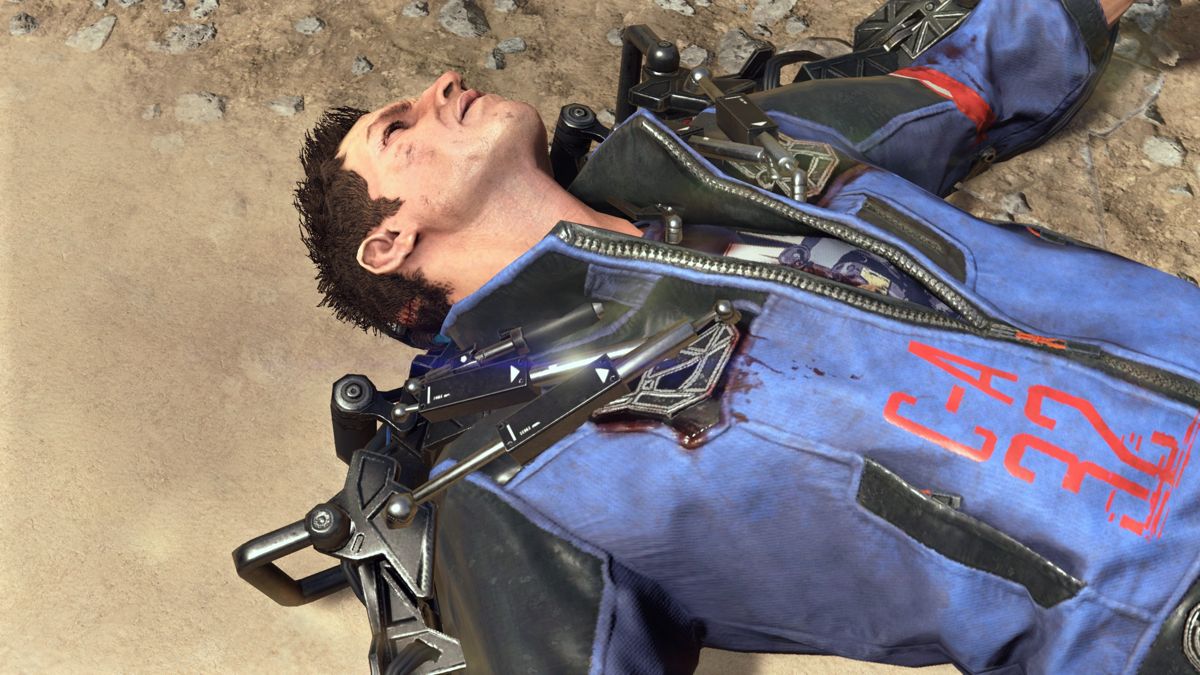 The Surge (Windows) screenshot: We regain consciousness after the operation, on our back in the dirt with a robot dragging us to a scrappage point