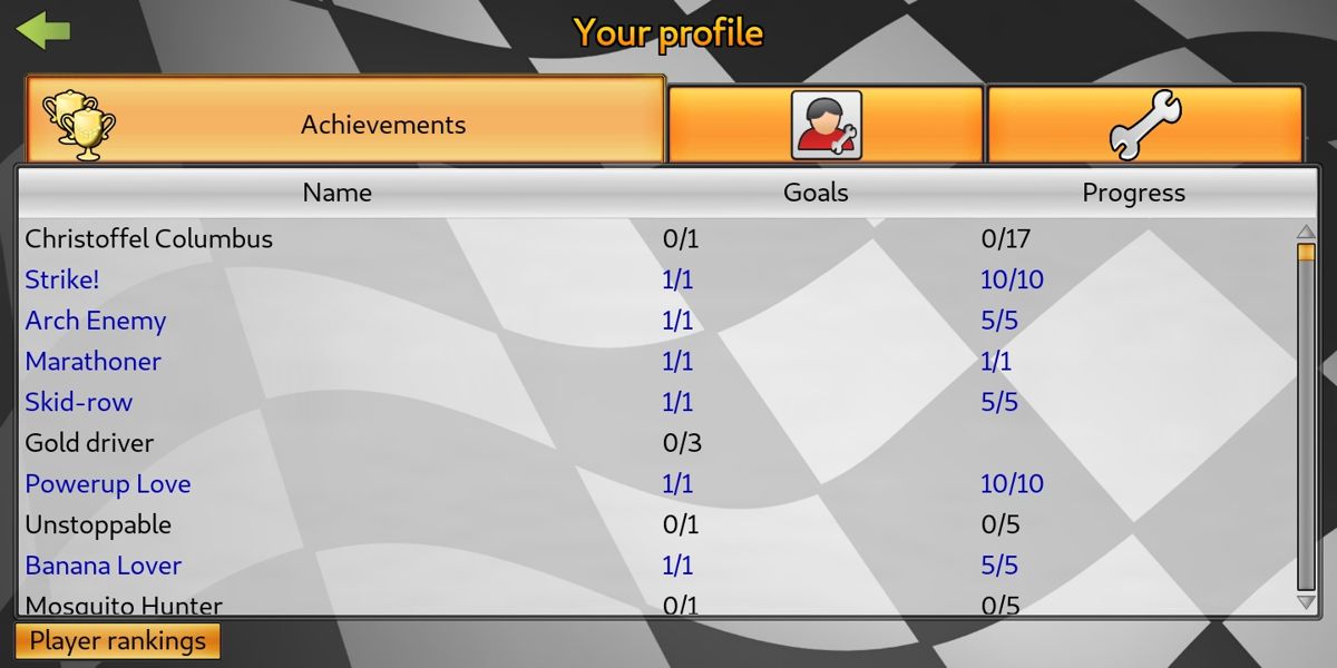SuperTuxKart (Android) screenshot: Player's profile [Achievements]
