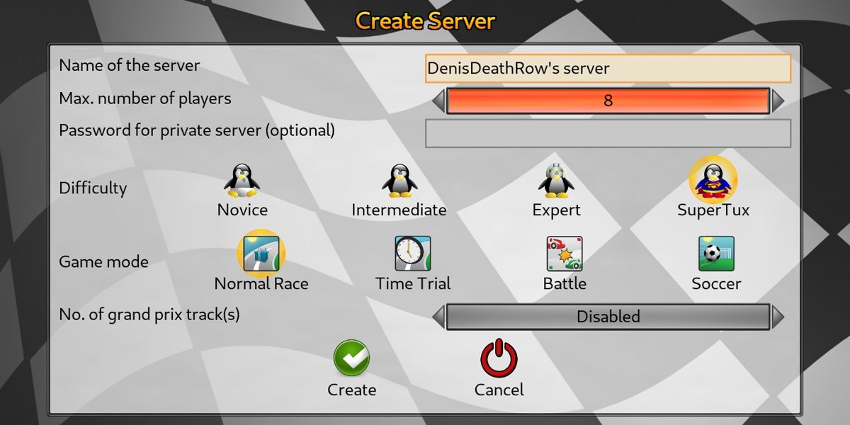 SuperTuxKart (Android) screenshot: Creating own server