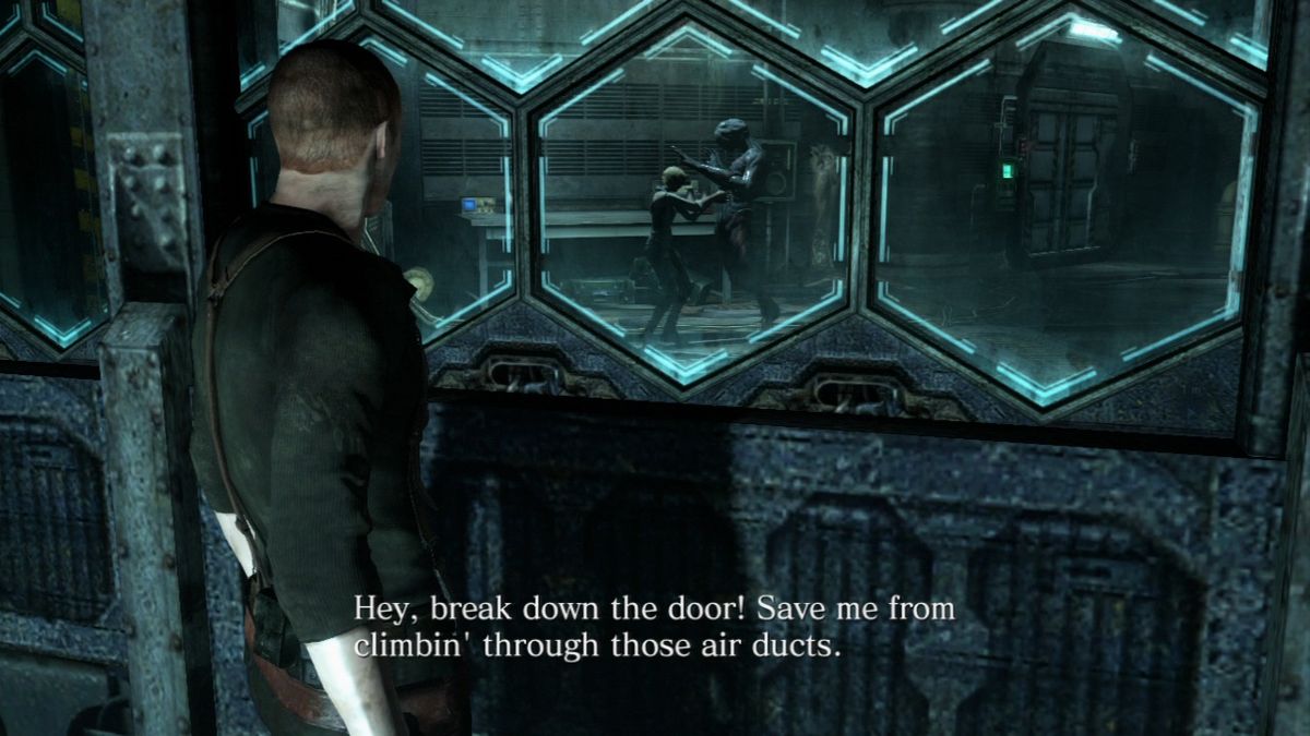 Resident Evil 6 (PlayStation 3) screenshot: You can't help your partner until she unlocks the door from the other side.