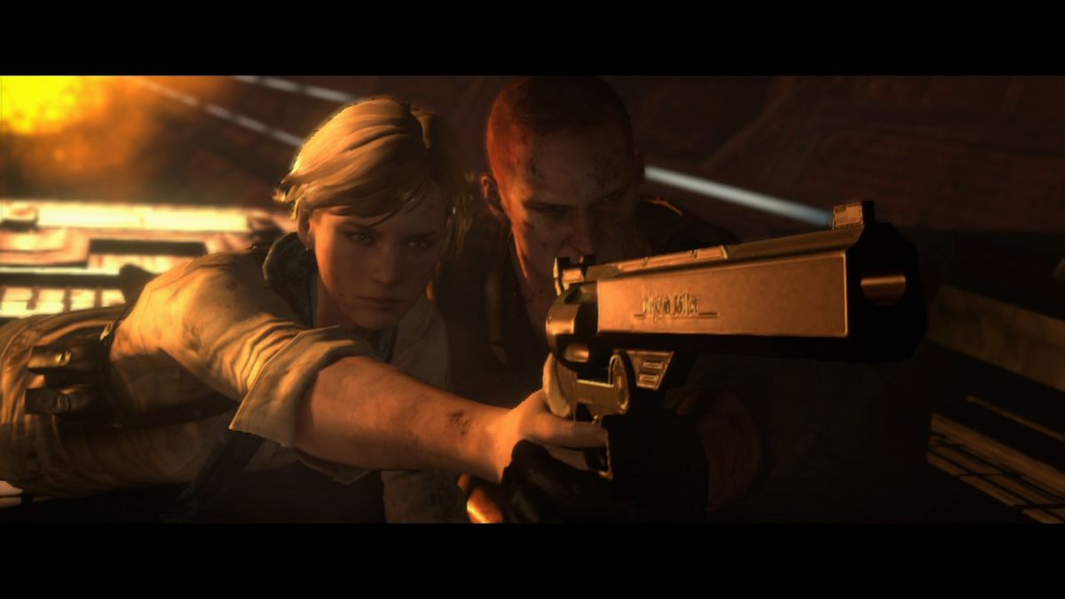 Resident Evil 6 (PlayStation 3) screenshot: Jake and Sherry fighting back against the undestructable enemy