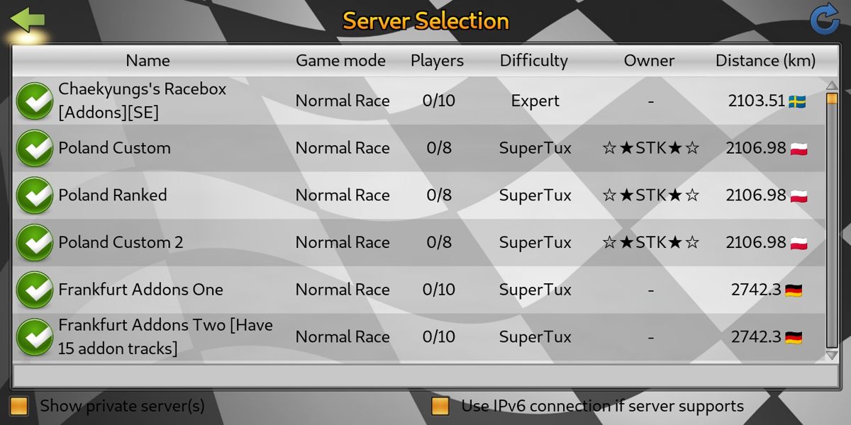 SuperTuxKart (Android) screenshot: The server select