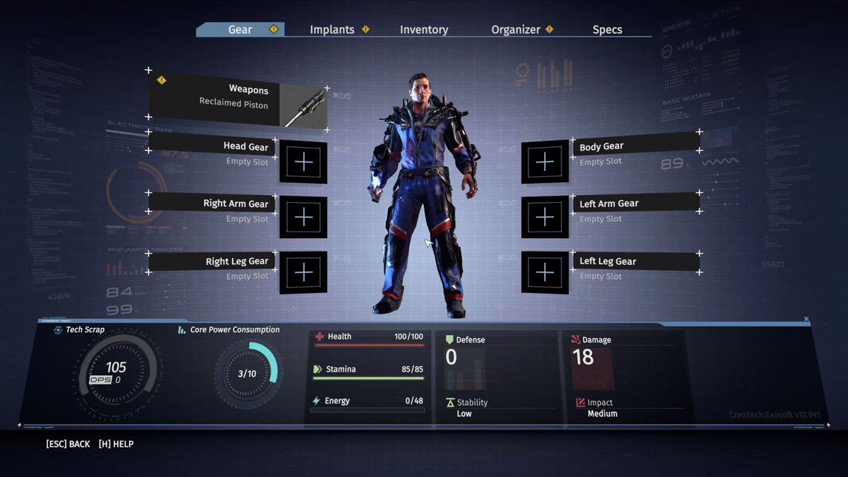 The Surge (Windows) screenshot: The inventory screen