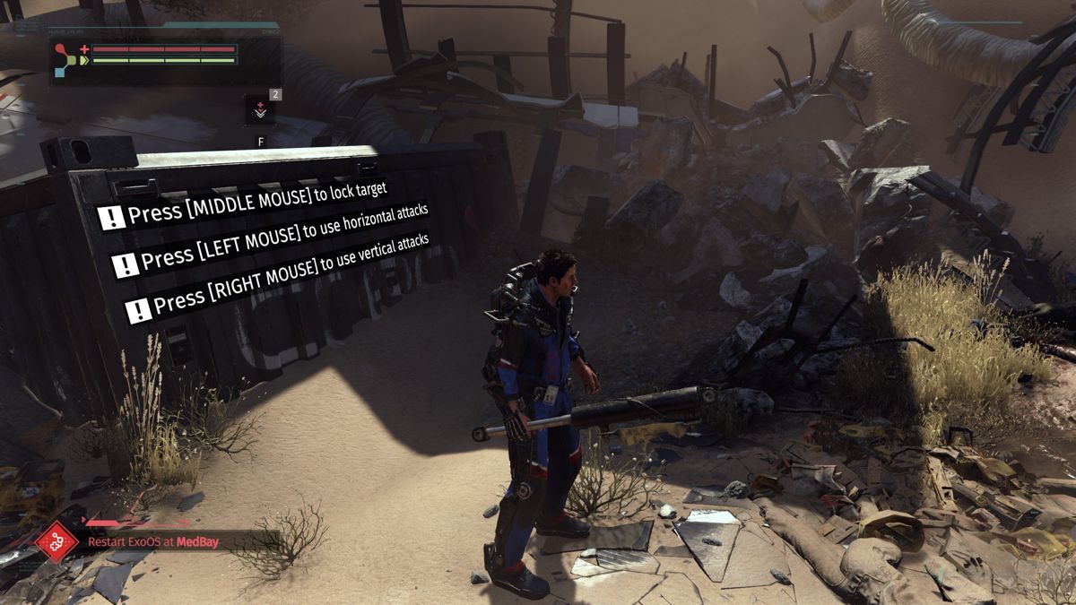 The Surge (Windows) screenshot: In-game help is also displayed on flat surfaces