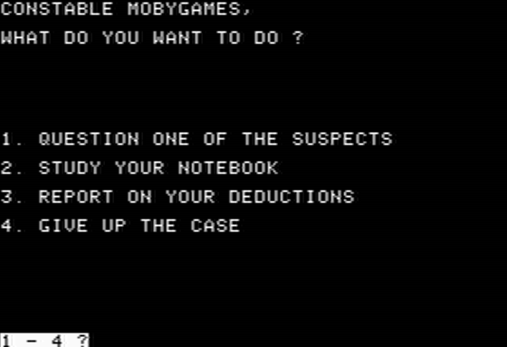 Alibi (Apple II) screenshot: My Investigative Options