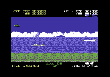Silkworm (Commodore 64) screenshot: These combat aircraft are flying very fast.