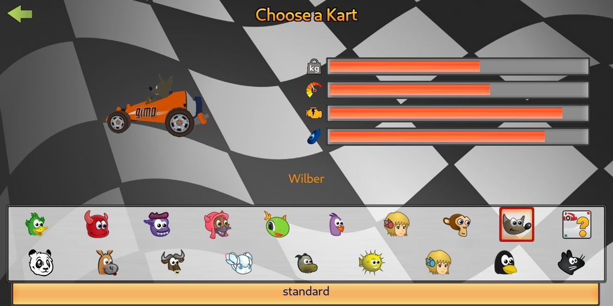 SuperTuxKart (Android) screenshot: Kart and character select