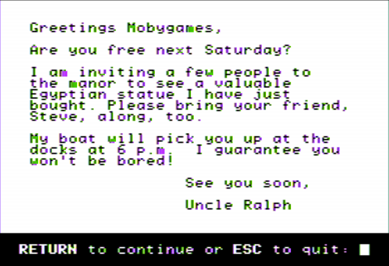 Mystery Double Feature (Apple II) screenshot: Pinecrest Manor - Uncle Ralph's Letter