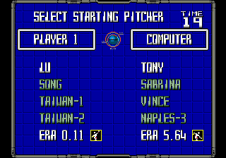 Super Baseball 2020 (Genesis) screenshot: Pitcher select