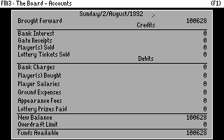 Football Manager 3 (DOS) screenshot: Accounts (VGA)