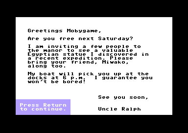 Mystery Double Feature (Commodore 64) screenshot: Pinecrest Manor - Letter from Uncle Ralph