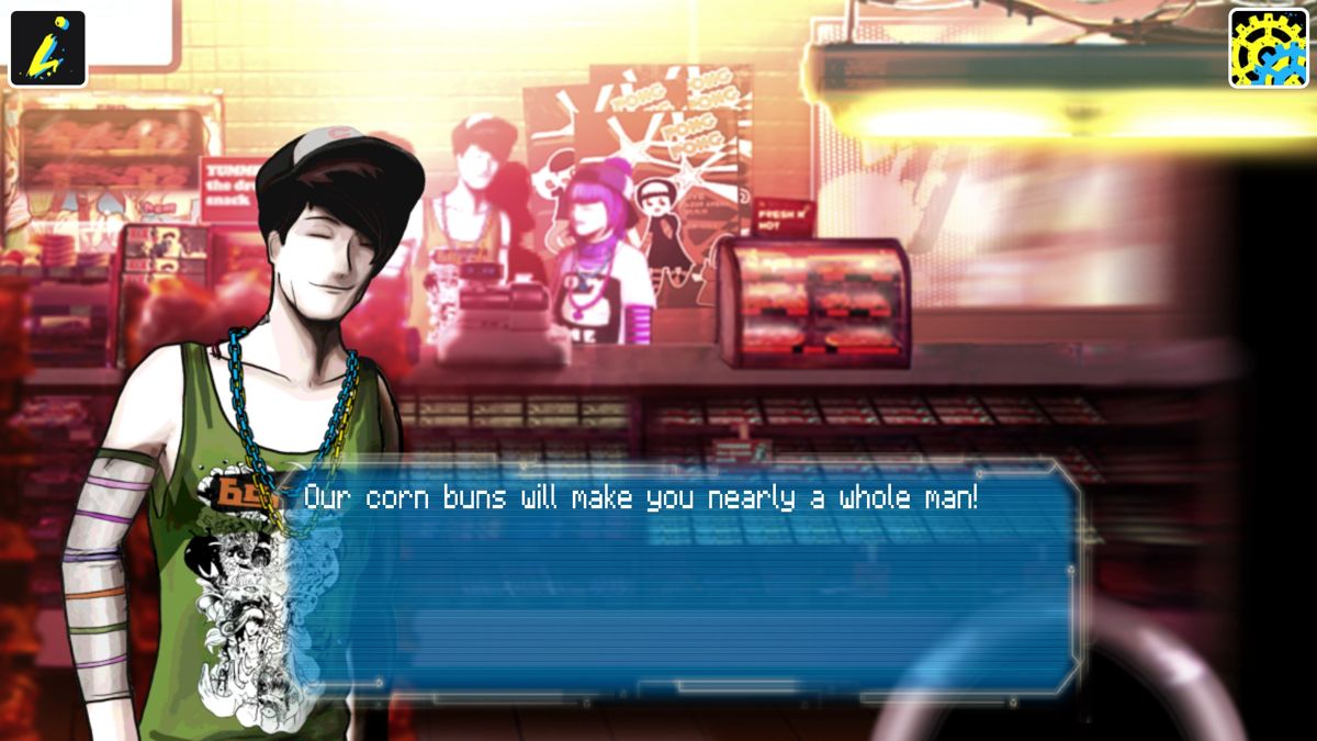 Sinless (Windows) screenshot: This is a reference to Sleeping Dogs: "A man who never eats pork buns is never a whole man!"
