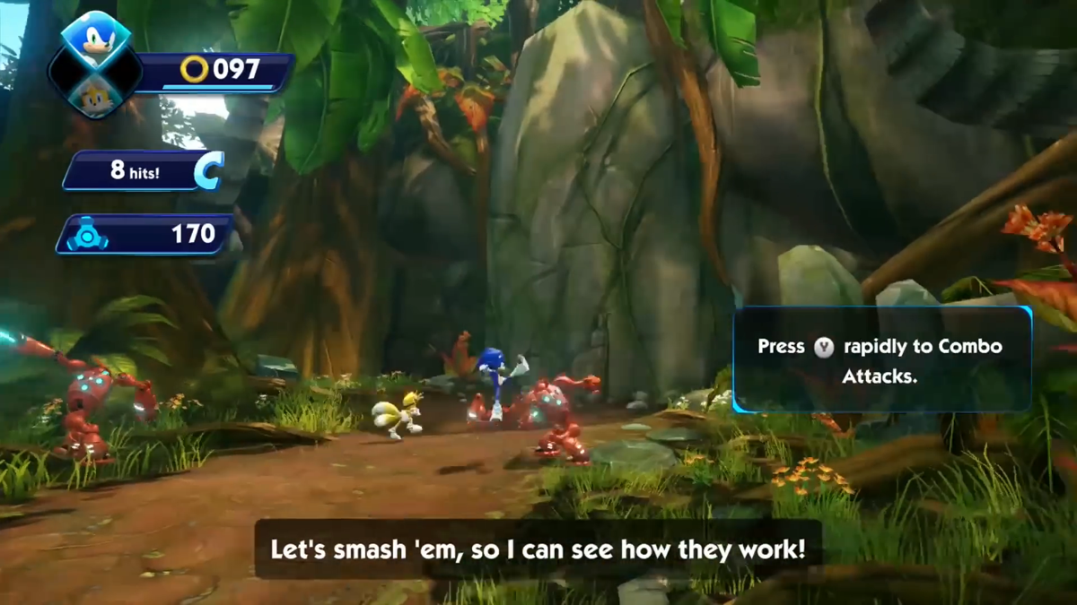 Sonic Boom: Rise of Lyric (Wii U) screenshot: Sonic and Tails fight with Eggman's robots