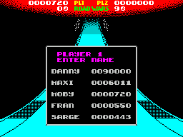 Roadwars (ZX Spectrum) screenshot: Player 1 got a high score. When entering the name the left/right keys are used to scroll the letters and FIRE selects. All 5 characters must be entered so a space is used as the last character here