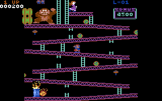 Donkey Kong (Commodore 64) screenshot: Climbing up the first level (UK version)