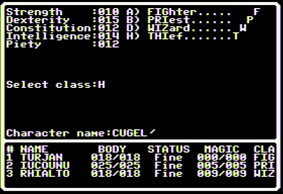Dark Designs IV: Passage to Oblivion (Apple II) screenshot: Character creation