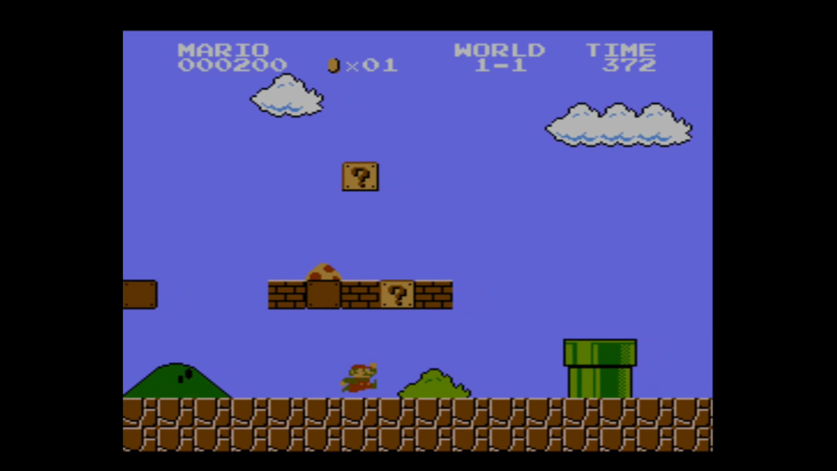 Start of World 1-1 level: mystery blocks, Goombas and the famous final flag