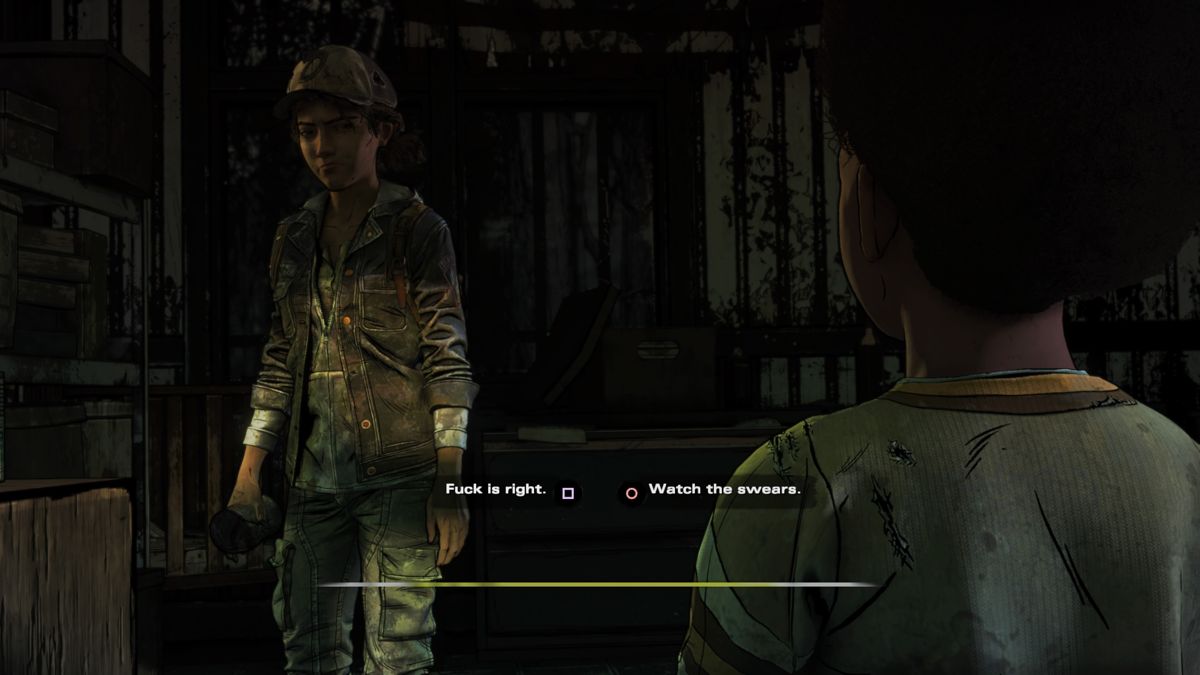 The Walking Dead: The Final Season (PlayStation 4) screenshot: Episode 1: Clementine teaches AJ all the time and he in turn uses what he was taught in future encounters