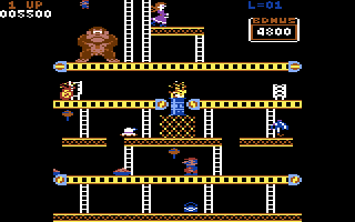 Donkey Kong (Commodore 64) screenshot: This level features some conveyor belts (UK version)