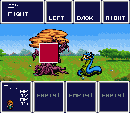 Aretha (SNES) screenshot: Fighting trees and snakes. The tree is attacking