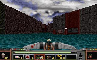 Strife (DOS) screenshot: The perfect day for a leisurely swim past the Order's main warehouse