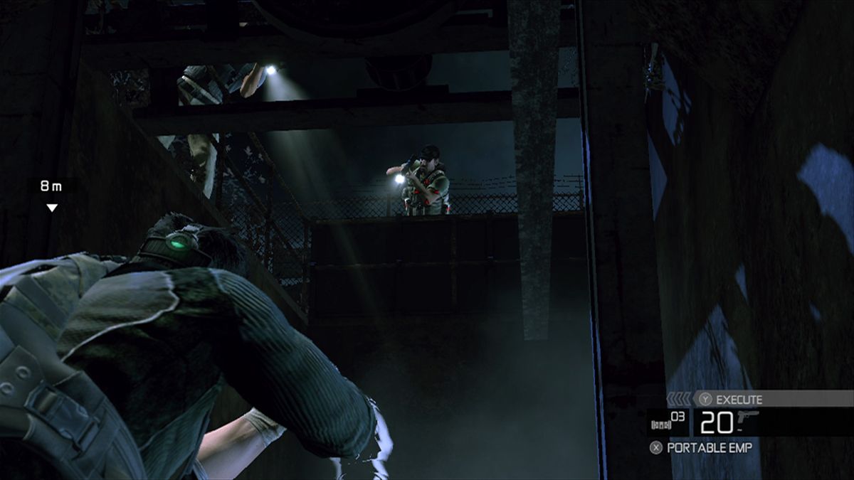 Tom Clancy's Splinter Cell: Conviction (Xbox 360) screenshot: They are shooting blind, but you can see them clear as day.