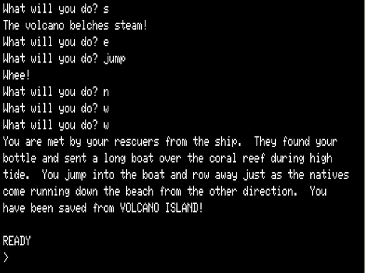 Volcano Island Adventure (TRS-80) screenshot: Escaping to Freedom