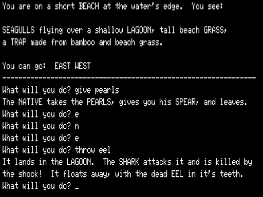 Volcano Island Adventure (TRS-80) screenshot: Electrocuting a Shark