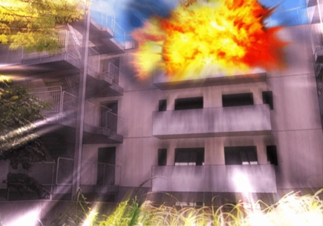 Tsuki wa Kirisaku: Tantei Sagara Kyōichirō (PlayStation 2) screenshot: Managed to run away just before the explosion.