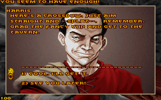 Strife (DOS) screenshot: This guy is a quest-giver. He explains to you what he wants. He gives you a crossbow if you talk to him. The writing is actually pretty good