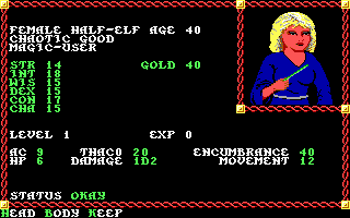 Pool of Radiance (DOS) screenshot: Character status screen - female version